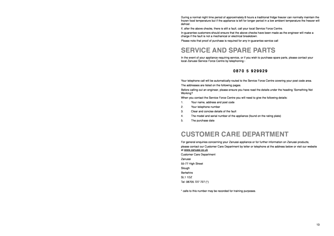 Zanussi Z 56/3 SA manual Service And Spare Parts, Customer Care Department, 0 8 7 0 5 9 2 9 