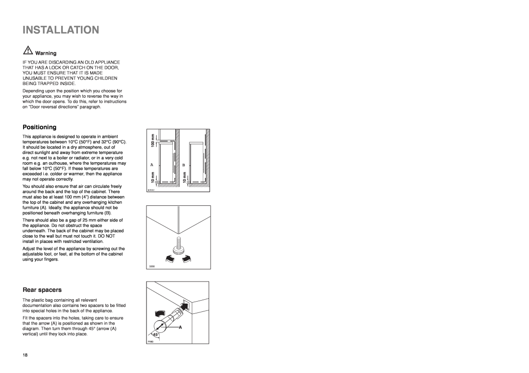 Zanussi Z 56/3 SA manual Installation, Positioning, Rear spacers 