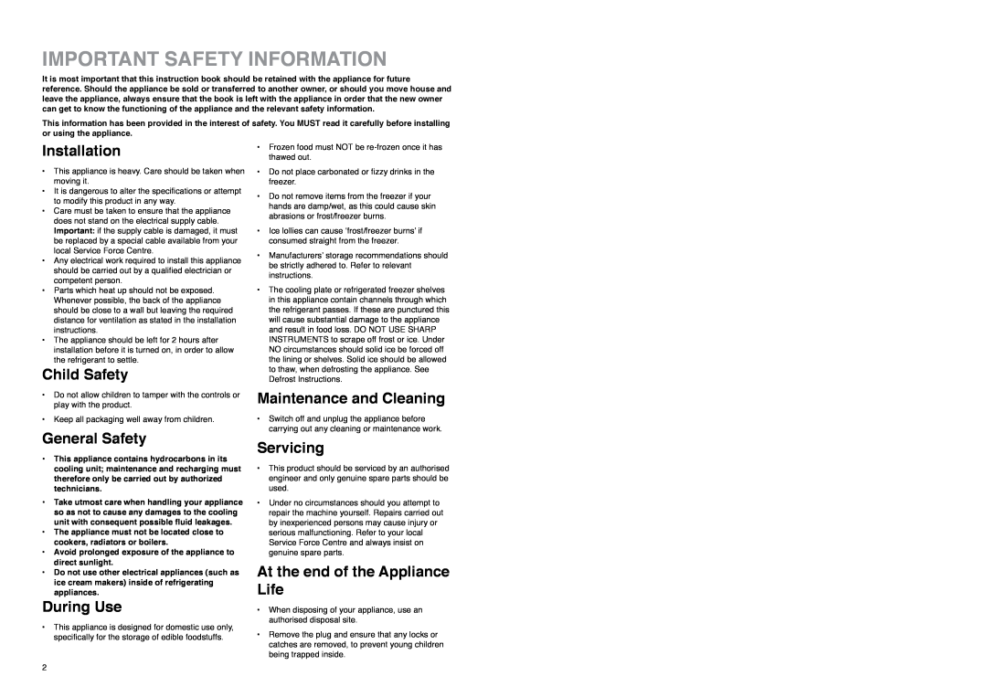 Zanussi Z 56/3 SA manual Important Safety Information, Installation, Child Safety, General Safety, During Use, Servicing 
