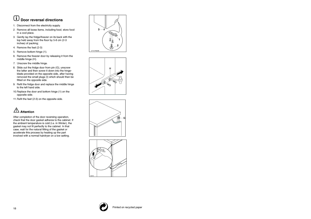 Zanussi Z 56/3 SR, Z 56/3 W, Z 56/3 SI manual Door reversal directions 