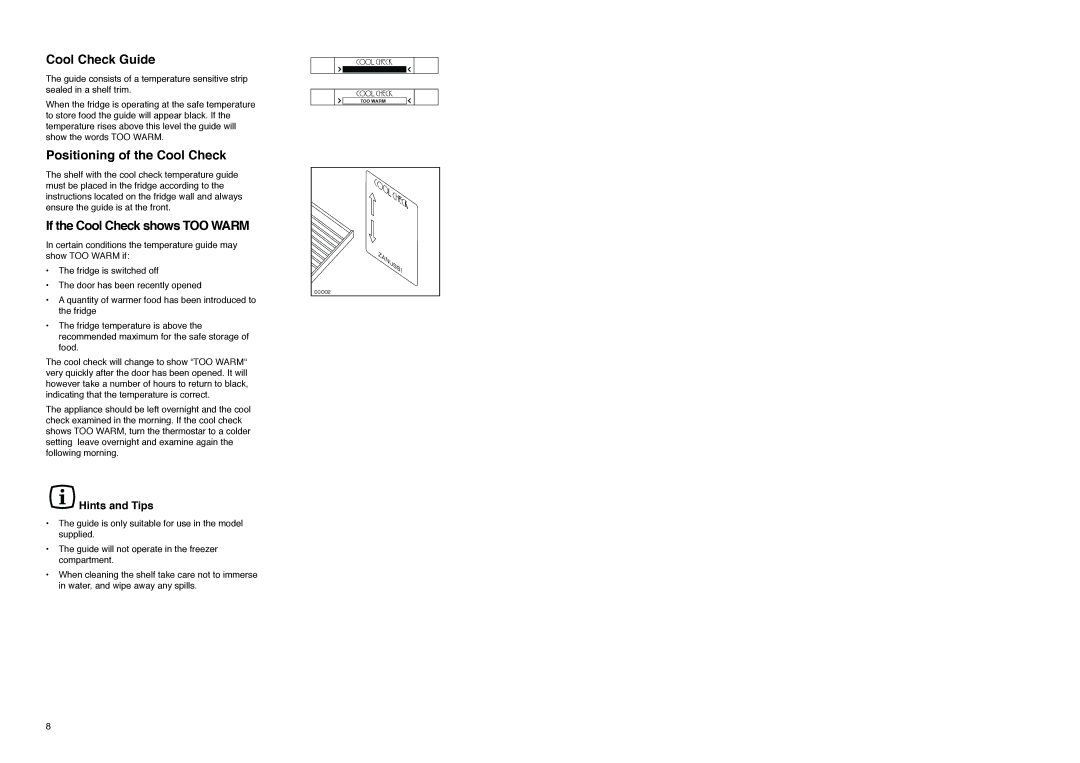 Zanussi Z 56/3 SI manual Cool Check Guide, Positioning of the Cool Check, If the Cool Check shows TOO Warm, Hints and Tips 