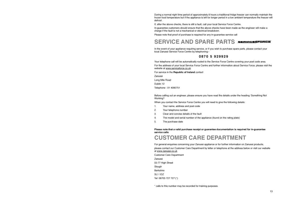 Zanussi Z 56/3 W, Z 56/3 SR, Z 56/3 SI manual Service And Spare Parts, Customer Care Department, 0 8 7 0 5 9 2 