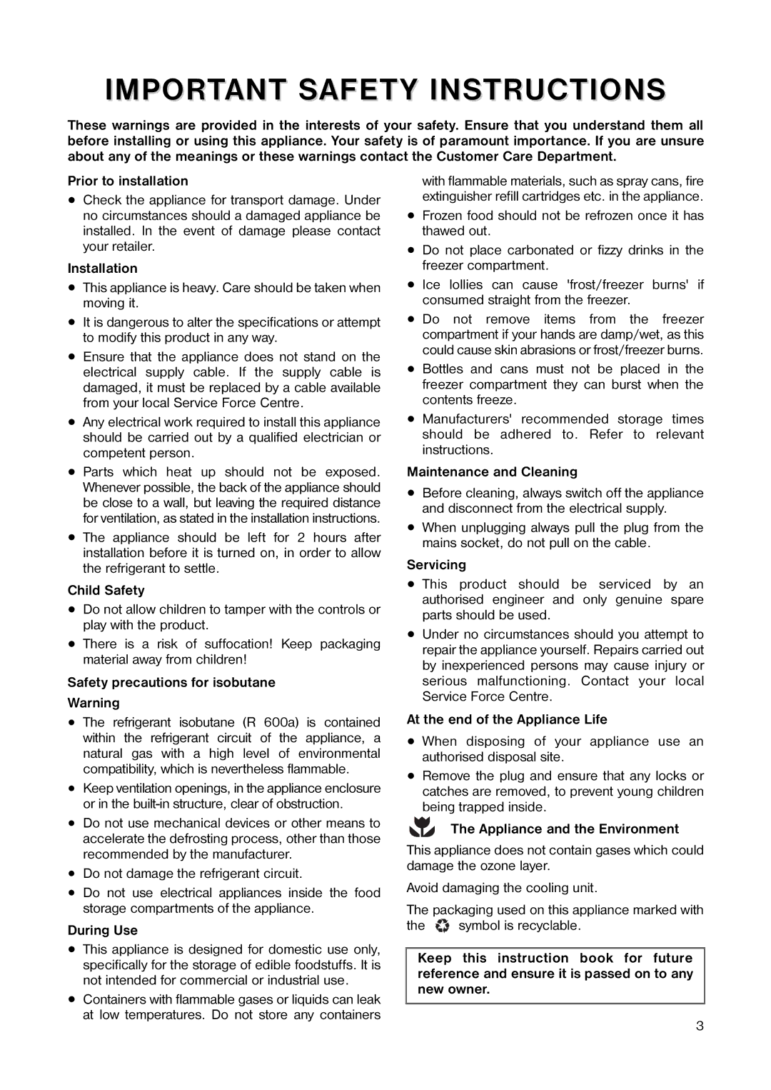 Zanussi Z 97/4 W manual Installation, Child Safety, Safety precautions for isobutane, During Use, Maintenance and Cleaning 