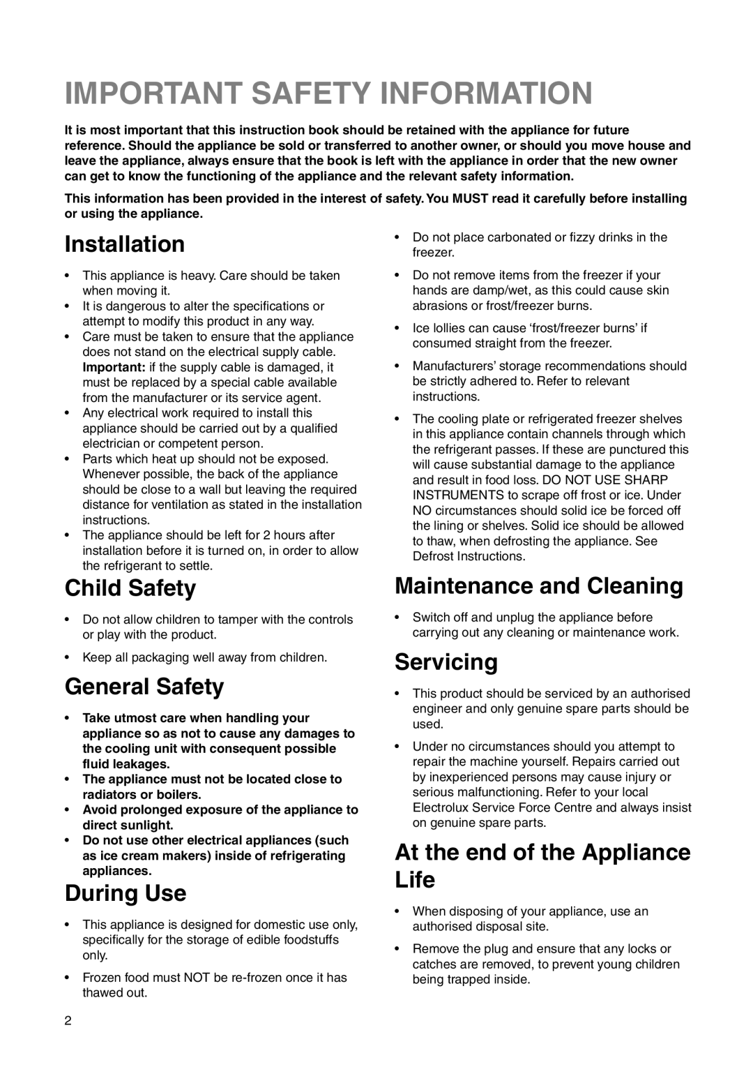 Zanussi Z1921/8 FFA manual Important Safety Information, Installation 