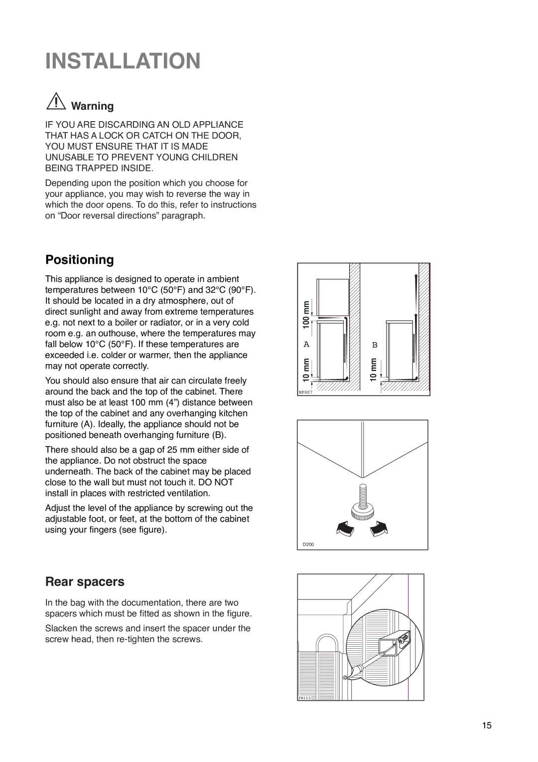 Zanussi ZA 23 S, ZA 23 Y manual Installation, Positioning, Rear spacers 