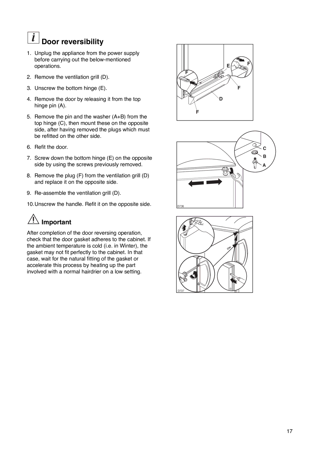 Zanussi ZA 23 S, ZA 23 Y manual Door reversibility 