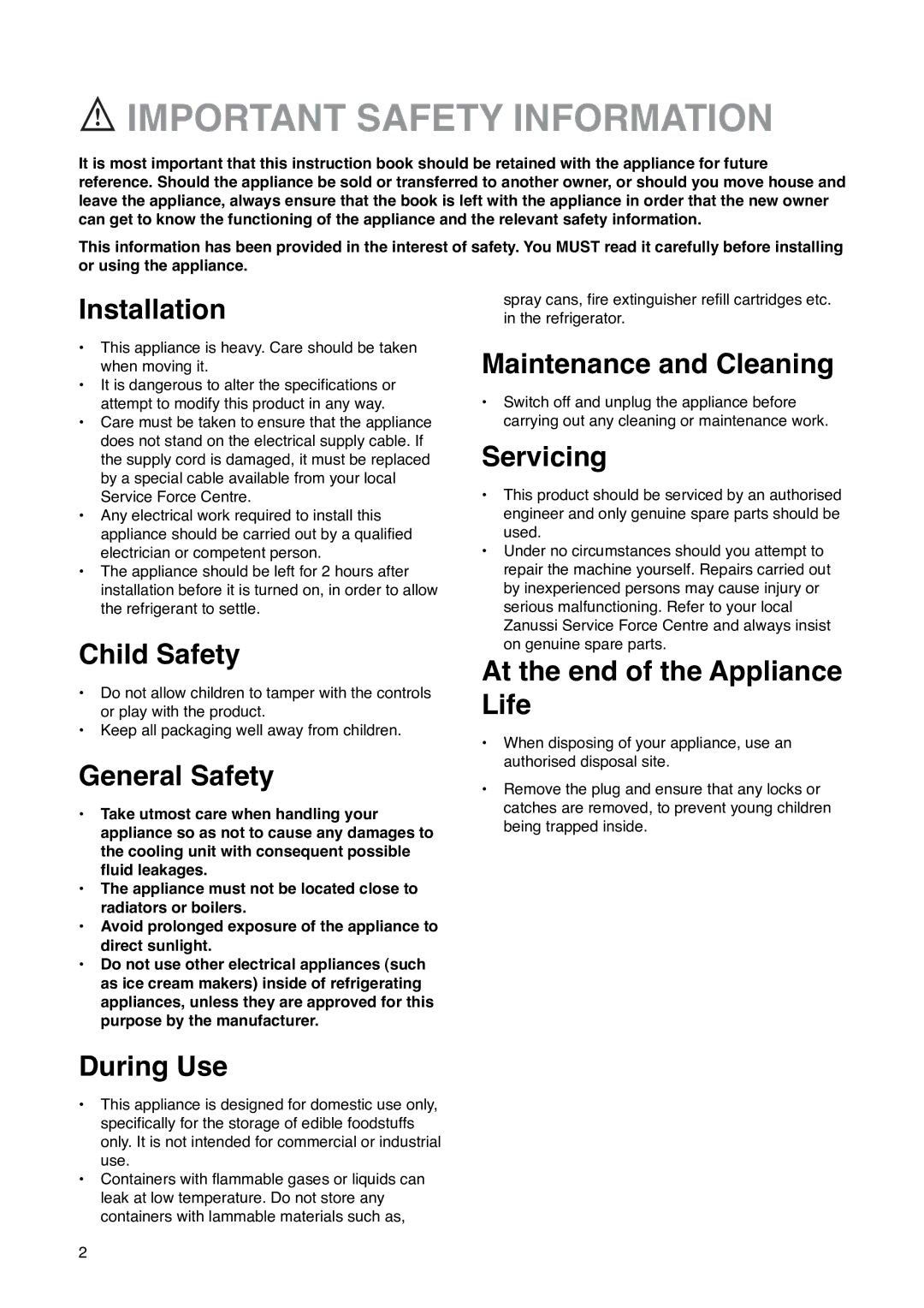 Zanussi ZA 23 Y, ZA 23 S manual Important Safety Information, Installation 