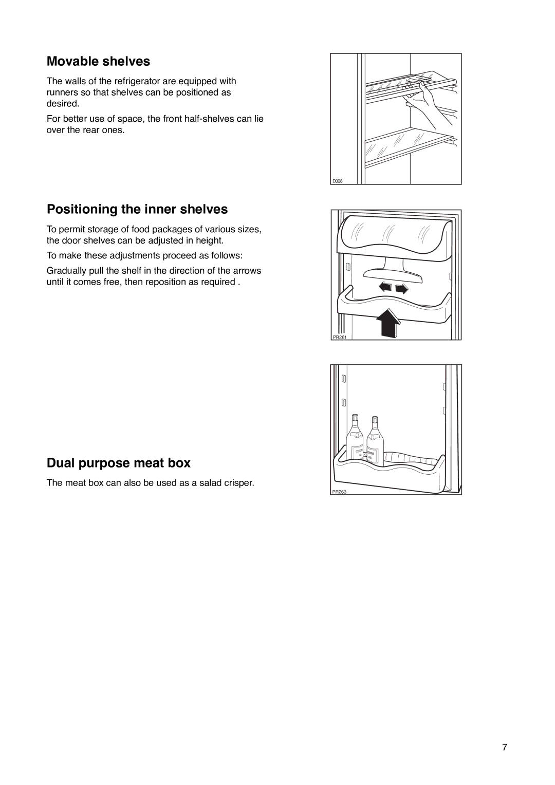 Zanussi ZA 23 S, ZA 23 Y manual Movable shelves, Positioning the inner shelves, Dual purpose meat box 