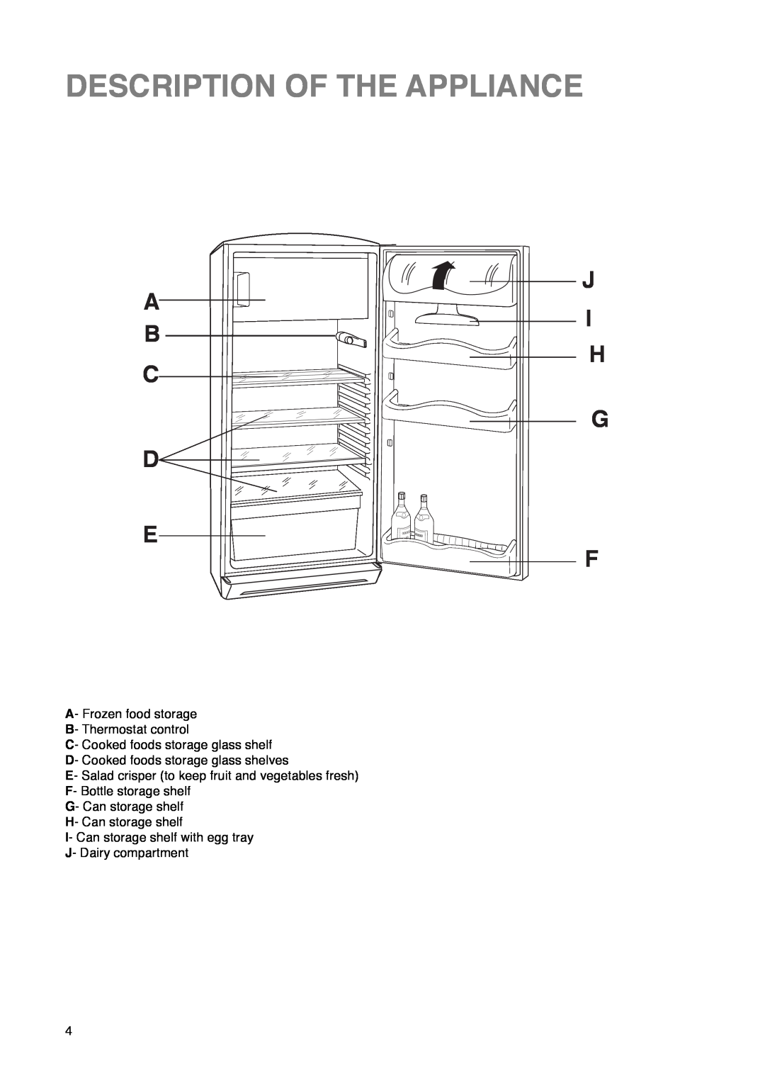Zanussi ZA 23 Y, ZA 23 S manual Description Of The Appliance, A B C D E, J I H G F 
