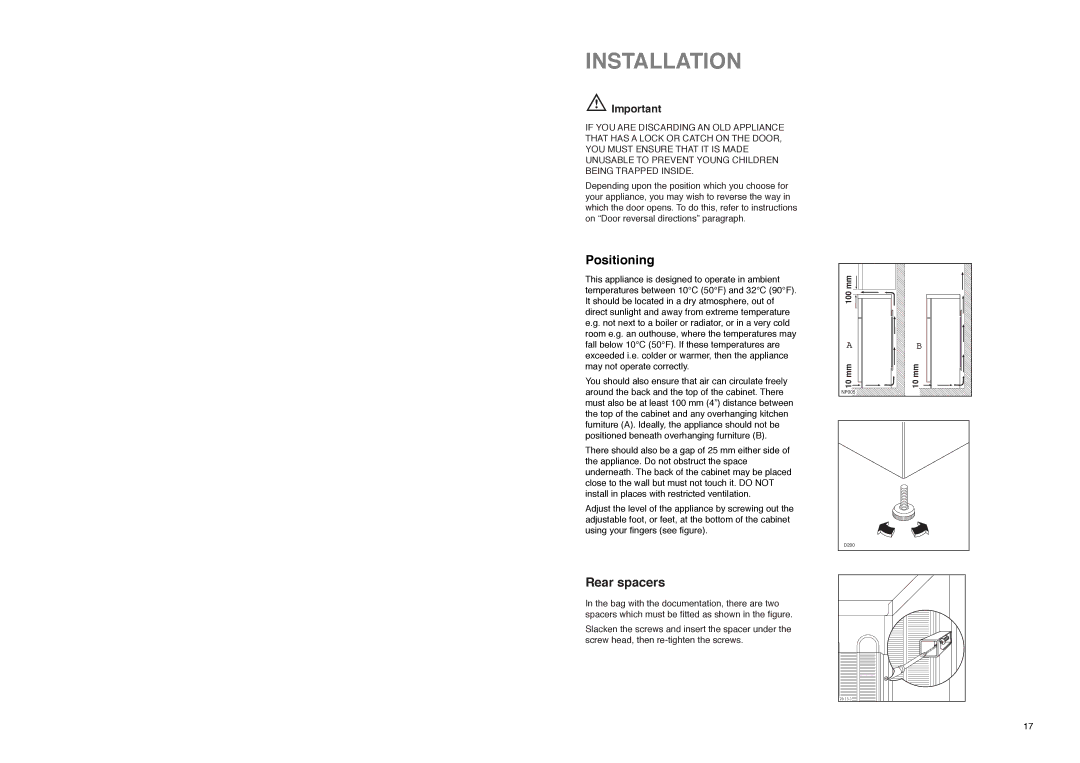 Zanussi ZA 25 S manual Installation, Positioning, Rear spacers 