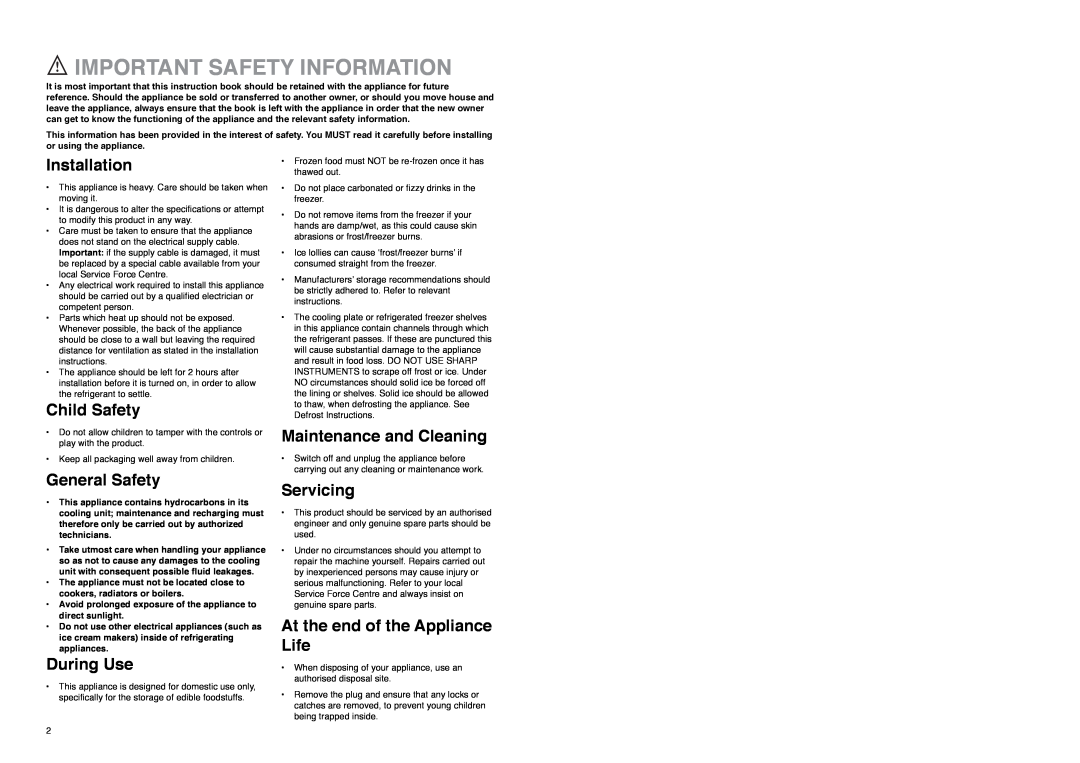 Zanussi ZA 25 S manual Important Safety Information, Installation, Child Safety, General Safety, During Use, Servicing 