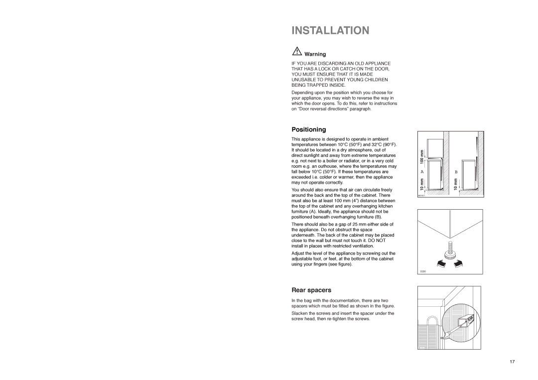 Zanussi ZA 26 S manual Installation, Positioning, Rear spacers 