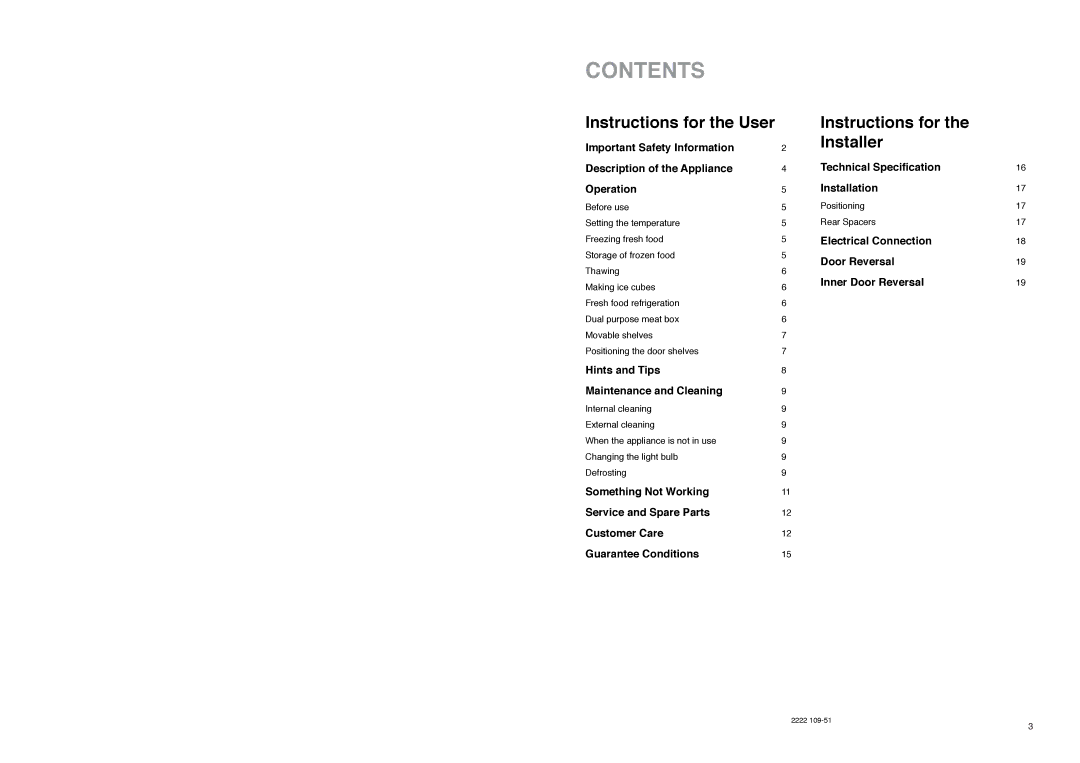 Zanussi ZA 26 S manual Contents 