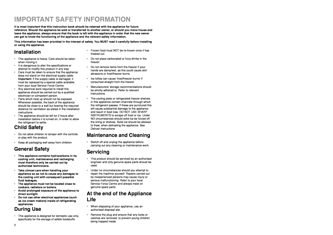 Zanussi ZA 26 S manual Important Safety Information, Installation, Child Safety, General Safety, During Use, Servicing 