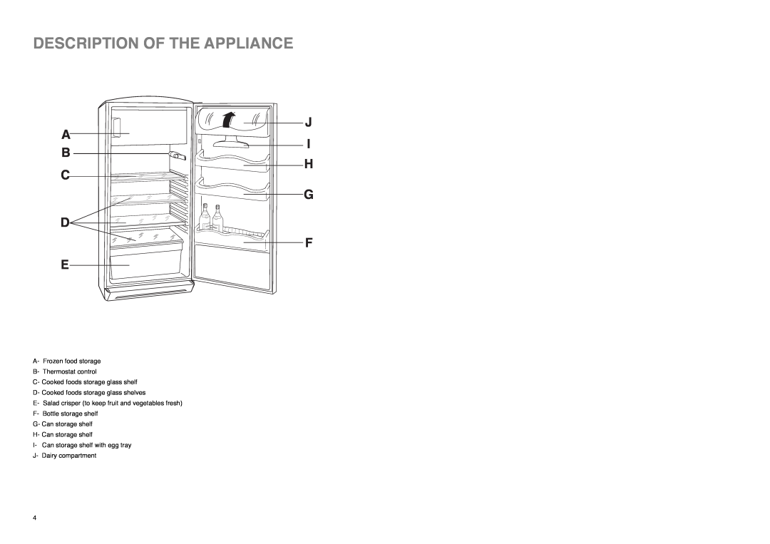 Zanussi ZA 26 S manual Description Of The Appliance, A B C D E, J I H G F 