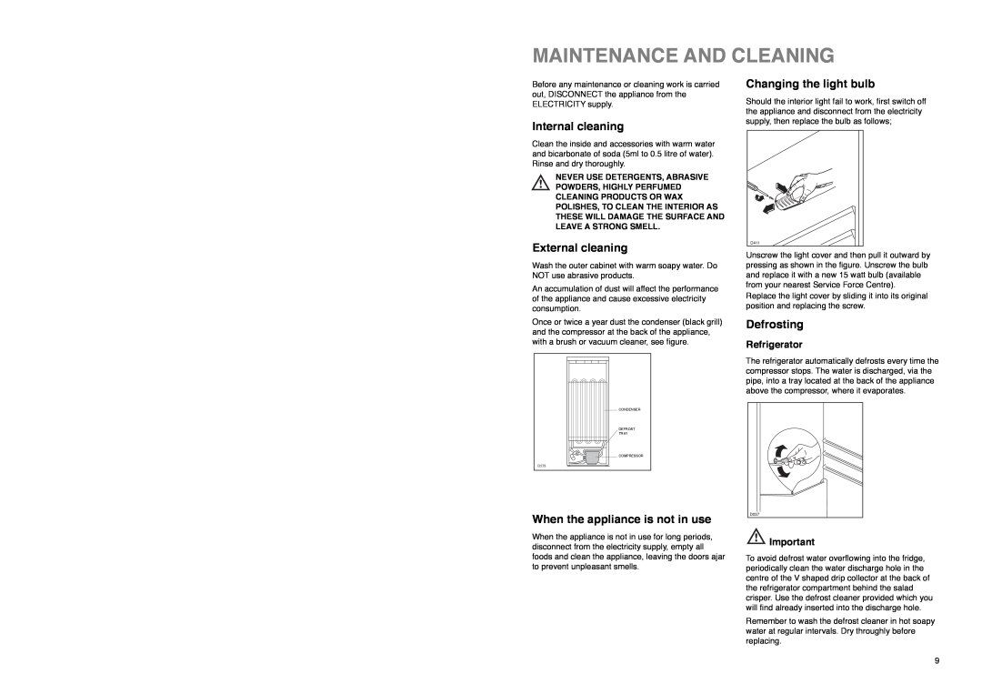 Zanussi ZA 26 S manual Maintenance And Cleaning, Internal cleaning, External cleaning, When the appliance is not in use 