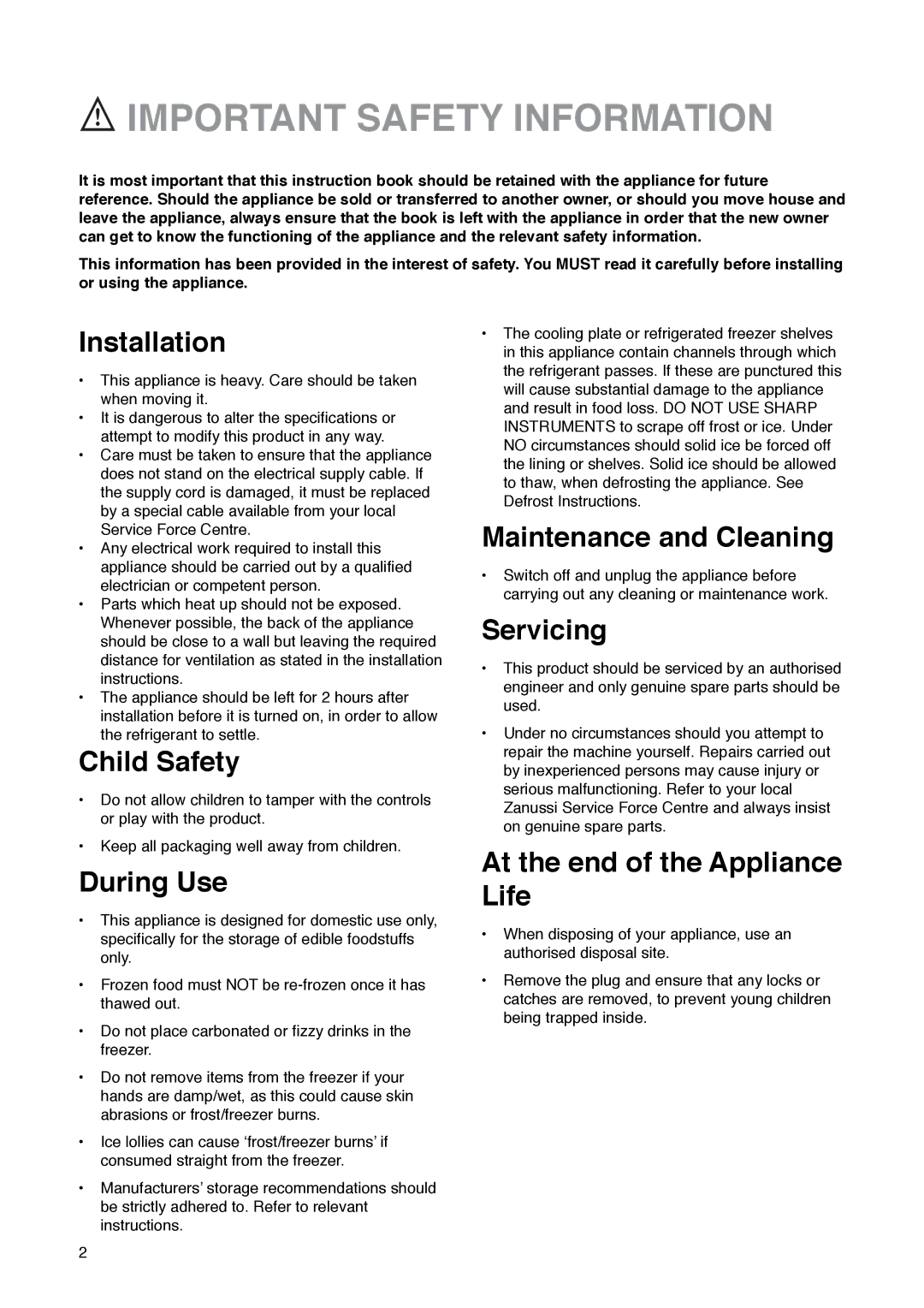 Zanussi ZA 33 Y, ZA 33 S manual Important Safety Information, Installation 