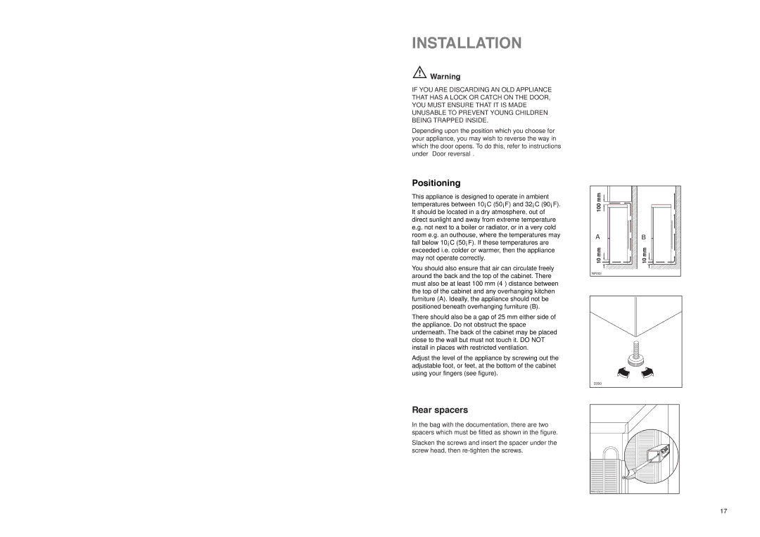 Zanussi ZA 34 S manual Installation, Positioning, Rear spacers 