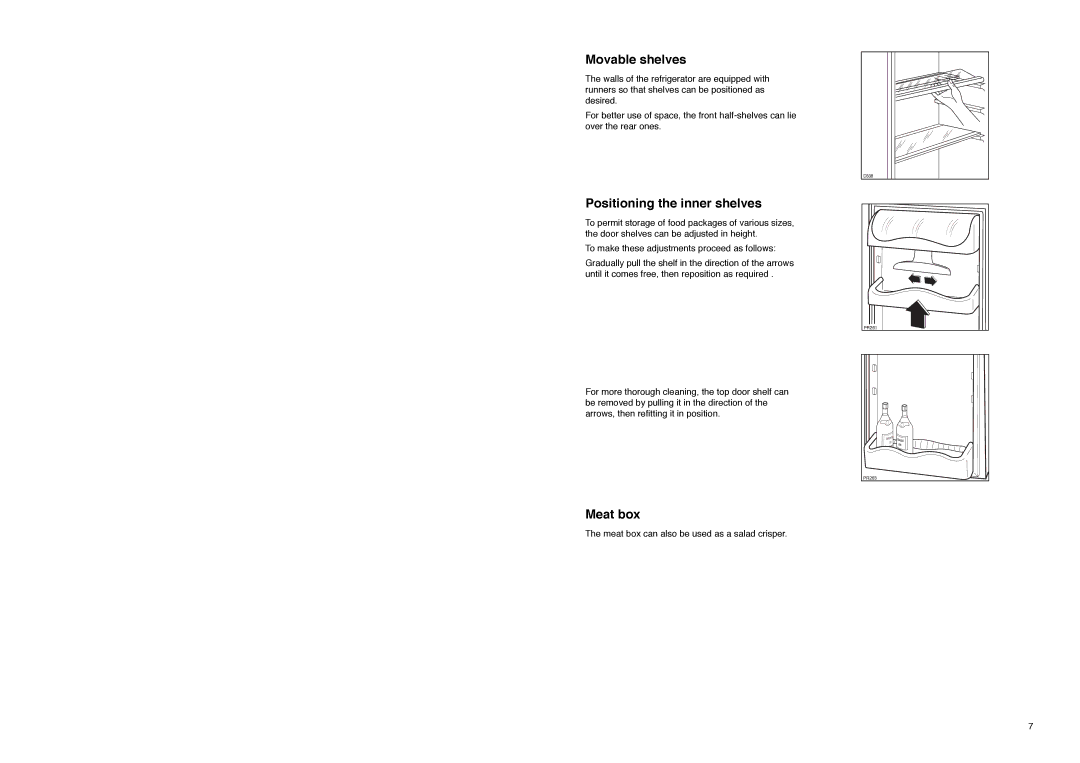 Zanussi ZA 34 S manual Movable shelves, Positioning the inner shelves, Meat box 