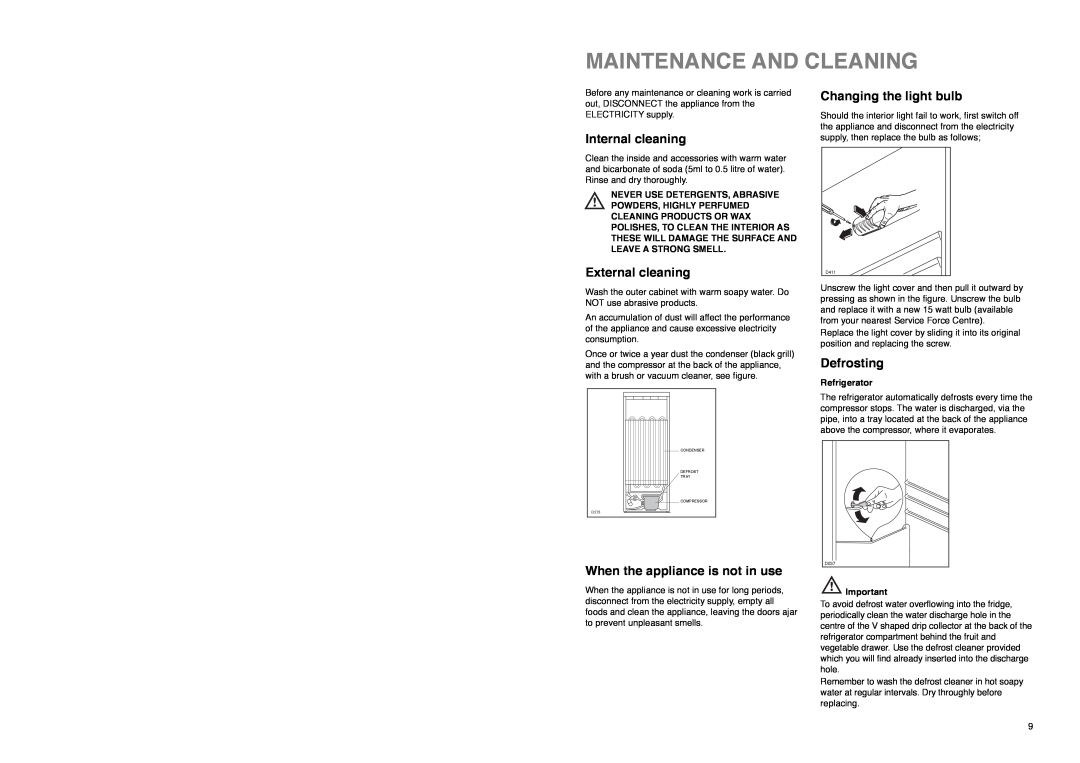 Zanussi ZA 34 S manual Maintenance And Cleaning, Internal cleaning, External cleaning, When the appliance is not in use 