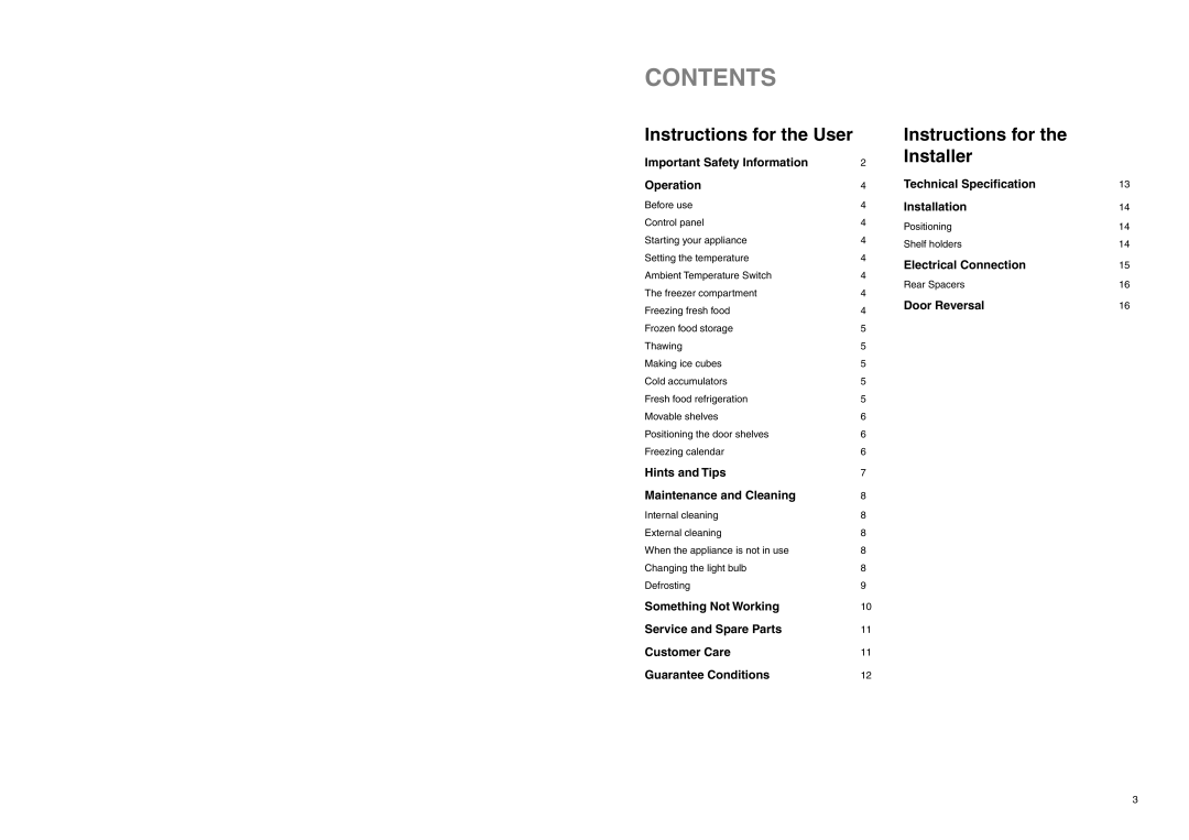 Zanussi ZA 96/3 W manual Contents 