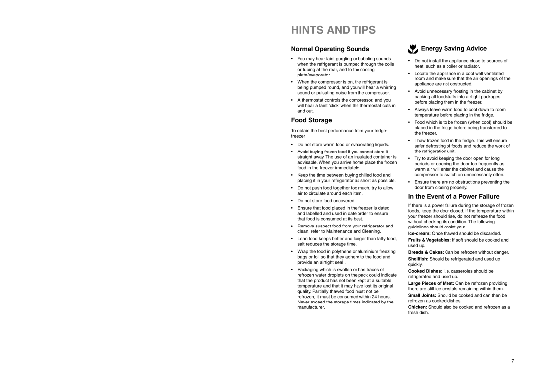 Zanussi ZA 96/3 W Hints and Tips, Normal Operating Sounds, Food Storage, Energy Saving Advice, Event of a Power Failure 