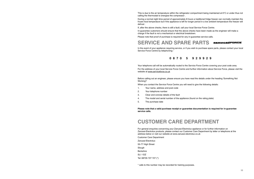 Zanussi ZA 96/3 W manual Service And Spare Parts, Customer Care Department, 0 8 7, 9 2 9 9 2 