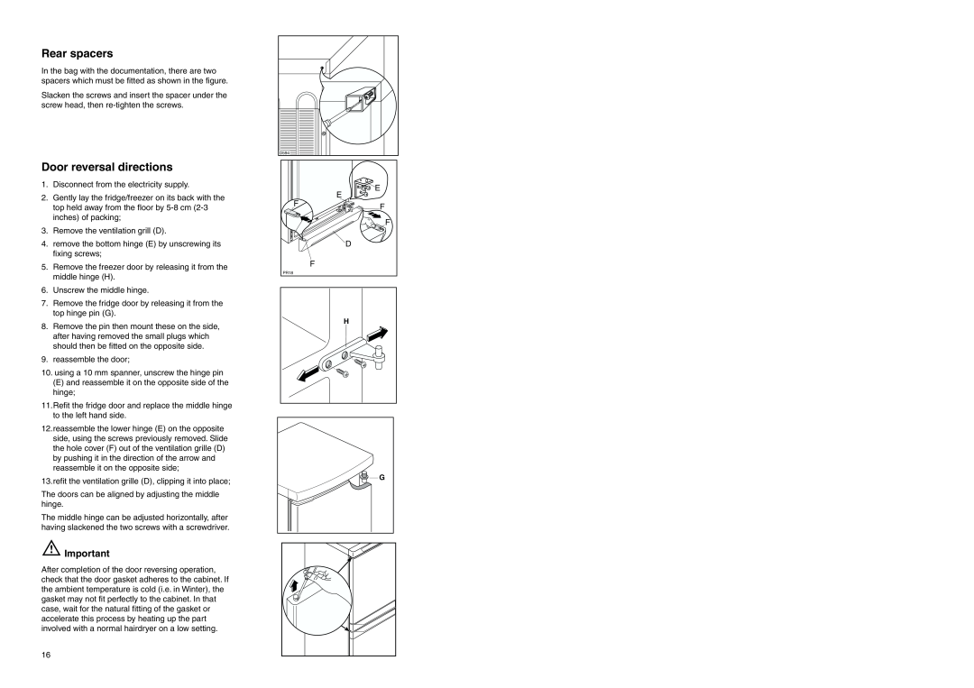 Zanussi ZA 96/3 W manual Rear spacers, Door reversal directions 