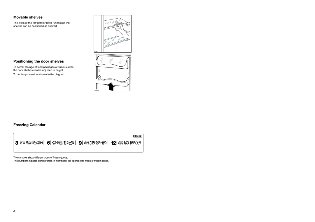 Zanussi ZA 96/3 W manual Movable shelves, Positioning the door shelves, Freezing Calendar 