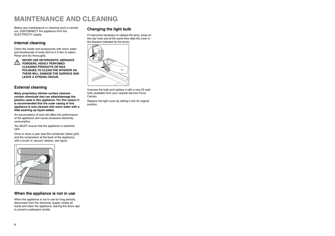 Zanussi ZA 96/3 W manual Maintenance And Cleaning, Internal cleaning, External cleaning, Changing the light bulb 