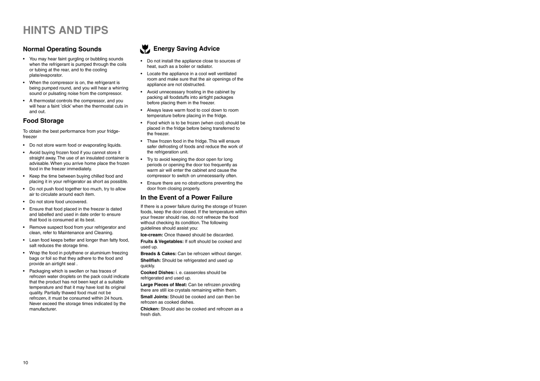 Zanussi ZA 98/3 W Hints and Tips, Normal Operating Sounds, Food Storage, Energy Saving Advice, Event of a Power Failure 