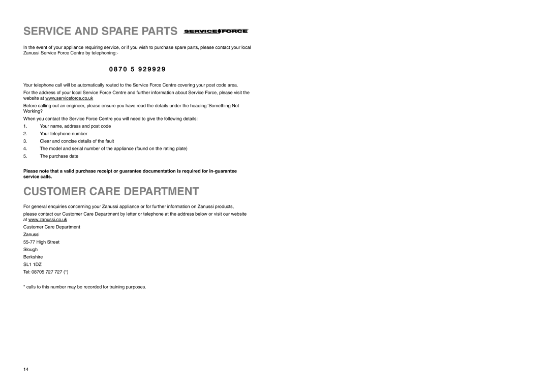 Zanussi ZA 98/3 W manual Service and Spare Parts, Customer Care Department, 7 0 5 9 2 9 9 2 