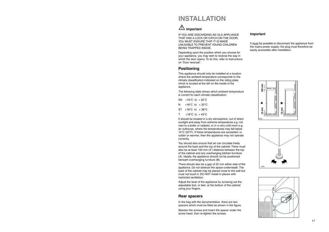 Zanussi ZA 98/3 W manual Installation, Positioning, Rear spacers 