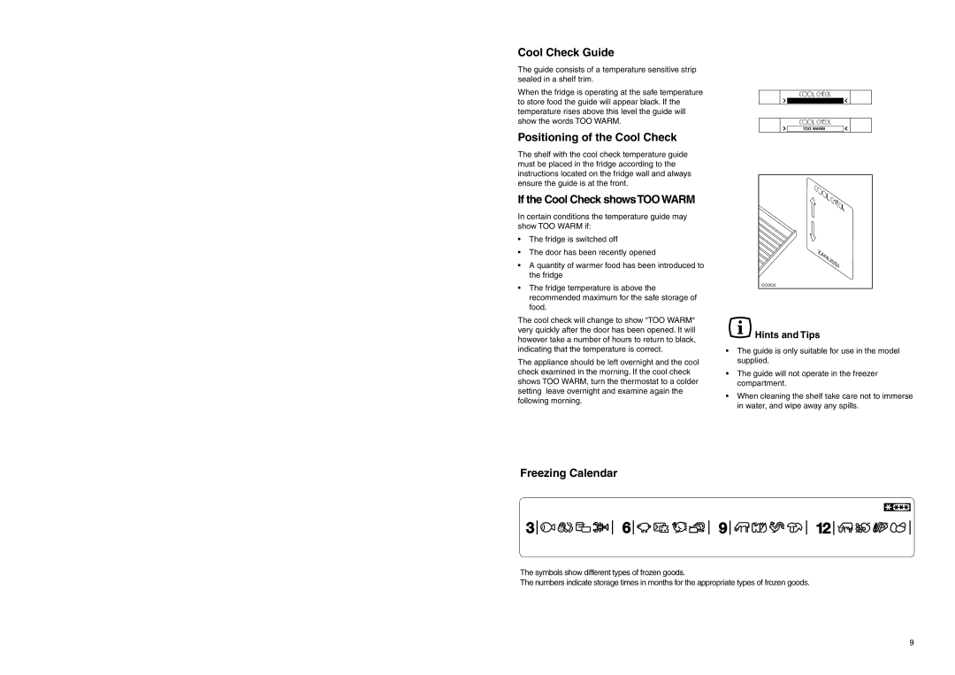 Zanussi ZA 98/3 W manual Cool Check Guide, Positioning of the Cool Check, If the Cool Check showsTOOWARM, Freezing Calendar 