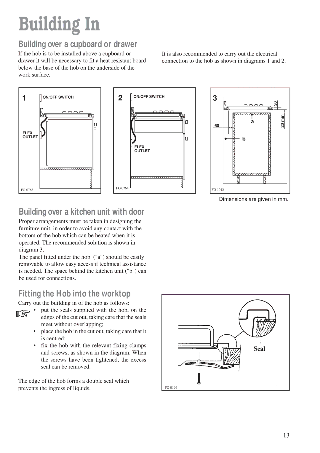 Zanussi ZAF 42 manual Building over a kitchen unit with door, Fitting the Hob into the worktop 