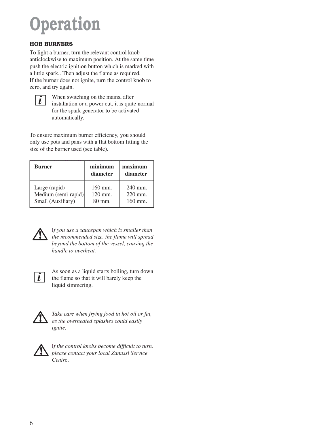 Zanussi ZAF 42 manual Operation, HOB Burners, Burner Minimum Maximum, Diameter 