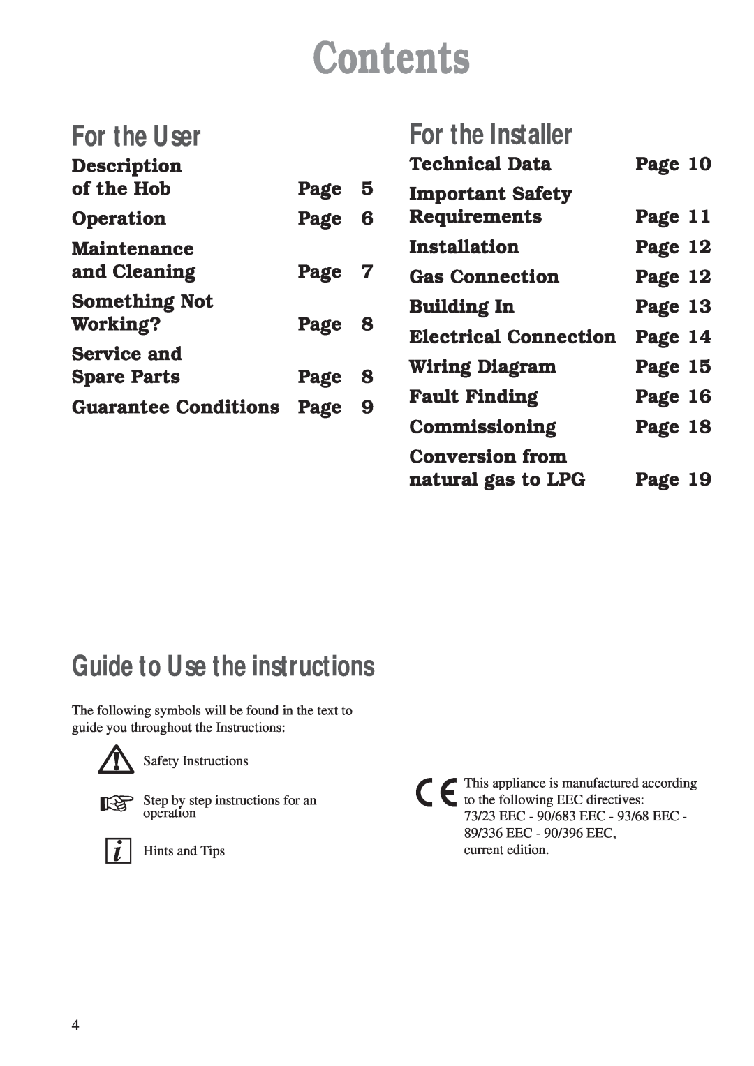 Zanussi ZAF 42 manual Contents, For the User, For the Installer, Guide to Use the instructions 