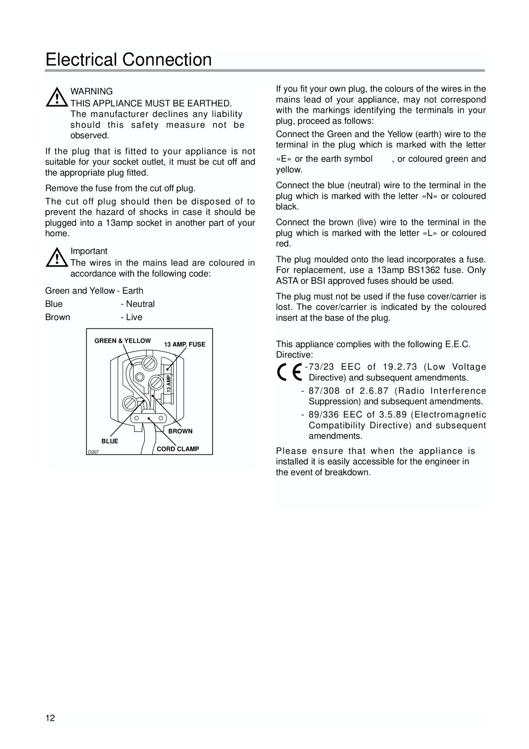 Zanussi ZBA 6160, ZBA 6230 manual Electrical Connection, Green and Yellow Earth Blue- Neutral Brown Live 