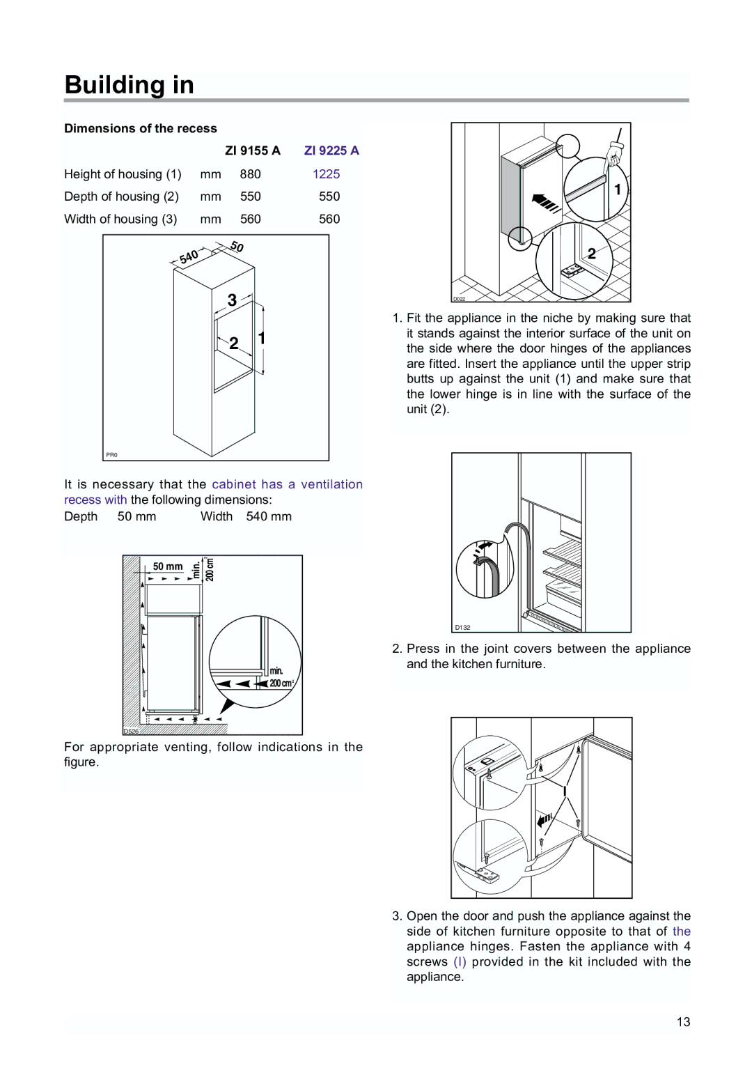 Zanussi ZBA 6230, ZBA 6160 manual Building, Dimensions of the recess ZI 9155 a 