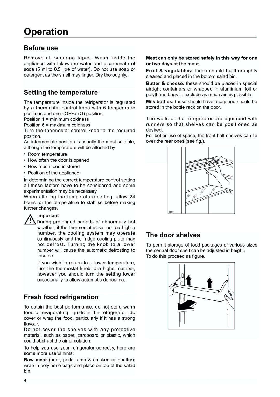 Zanussi ZBA 6160, ZBA 6230 manual Operation, Before use, Setting the temperature, Fresh food refrigeration, Door shelves 