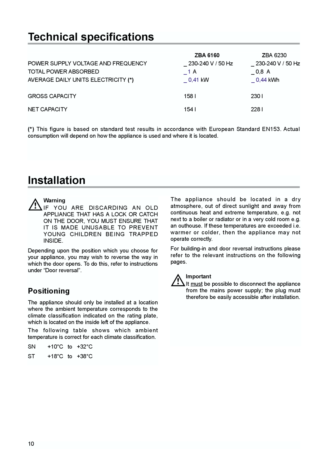 Zanussi ZBA 6160, ZBA 6230 manual Technical specifications, Installation, Positioning, 0,41 kW, 0,44 kWh 