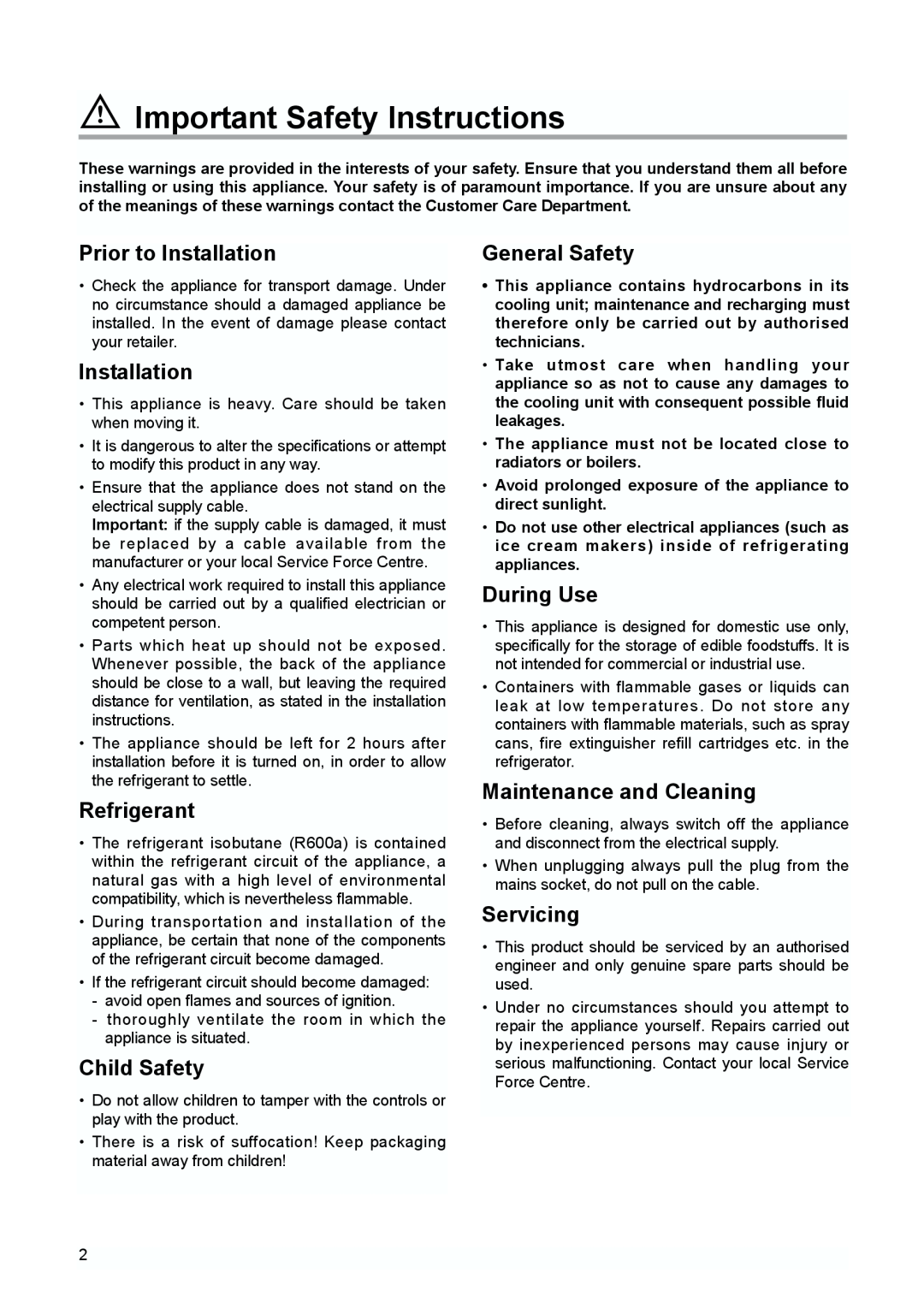 Zanussi ZBA 6160, ZBA 6230 Important Safety Instructions, Prior to Installation, Refrigerant, Child Safety, General Safety 