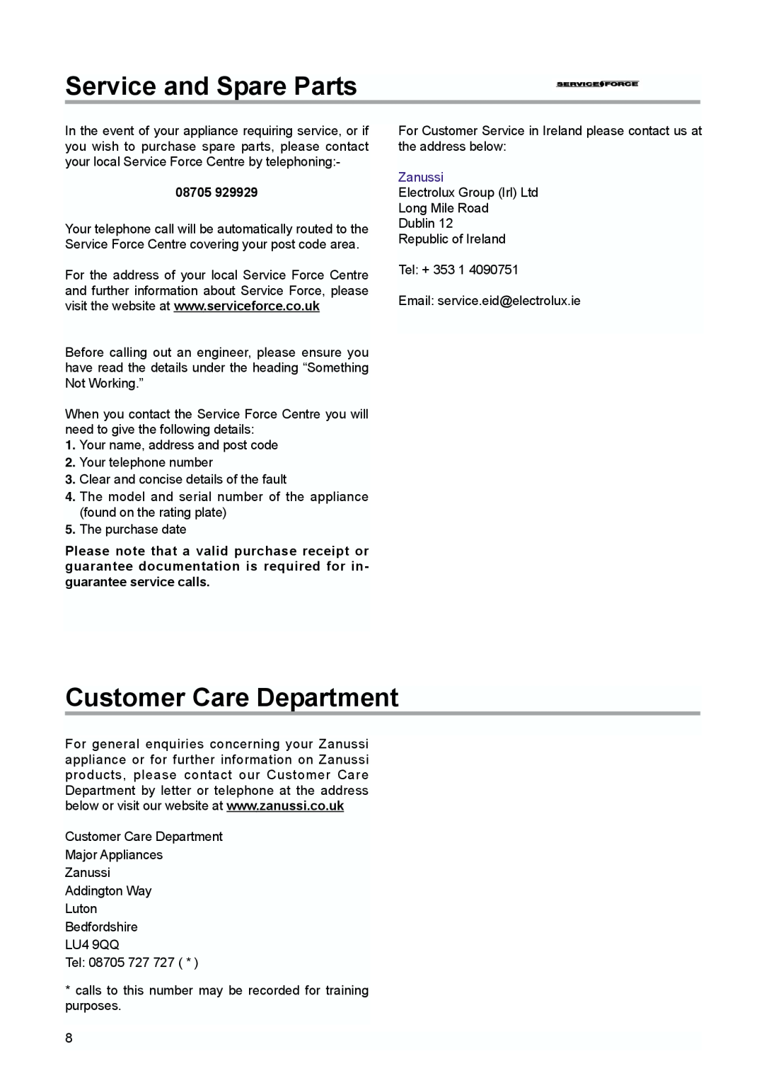 Zanussi ZBA 6160, ZBA 6230 manual Service and Spare Parts, Customer Care Department, Zanussi, 08705 