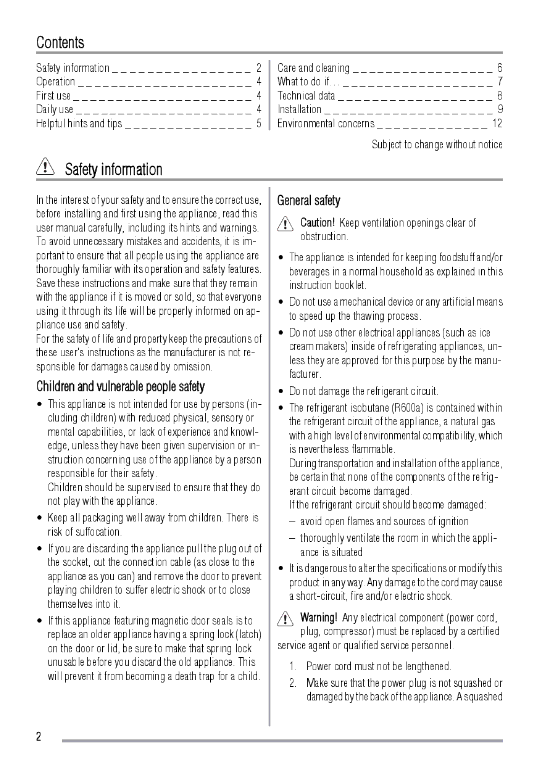 Zanussi ZBA3224A user manual Contents, Safety information 