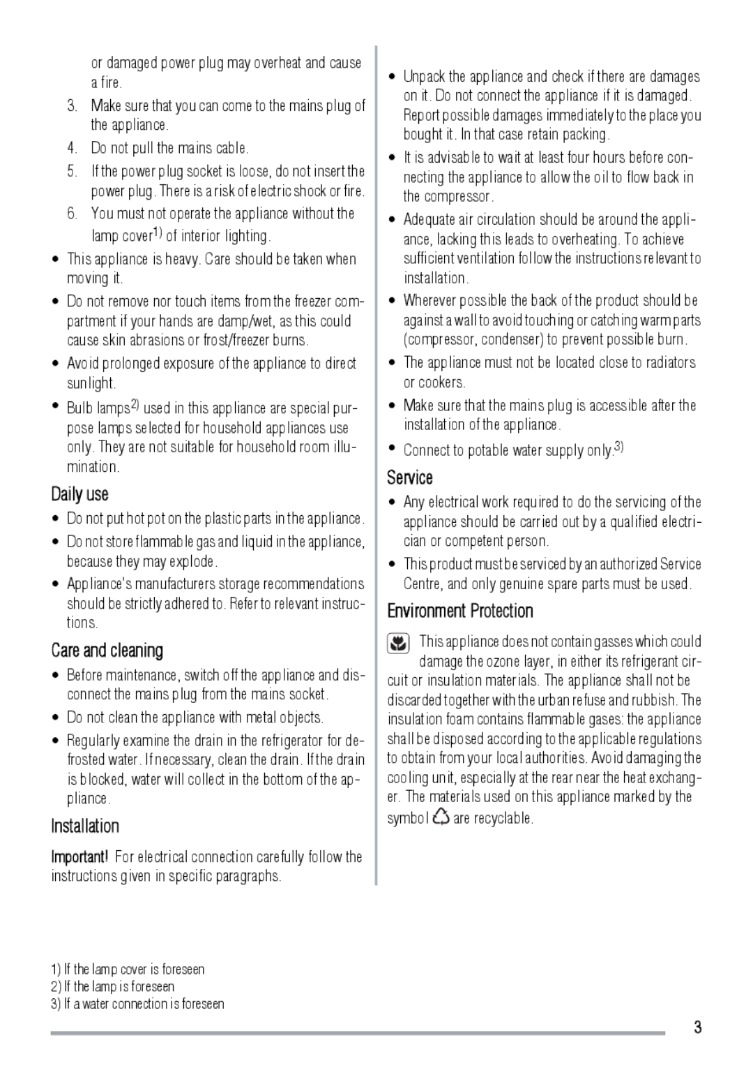 Zanussi ZBA3224A user manual Daily use, Care and cleaning, Installation, Service, Environment Protection 