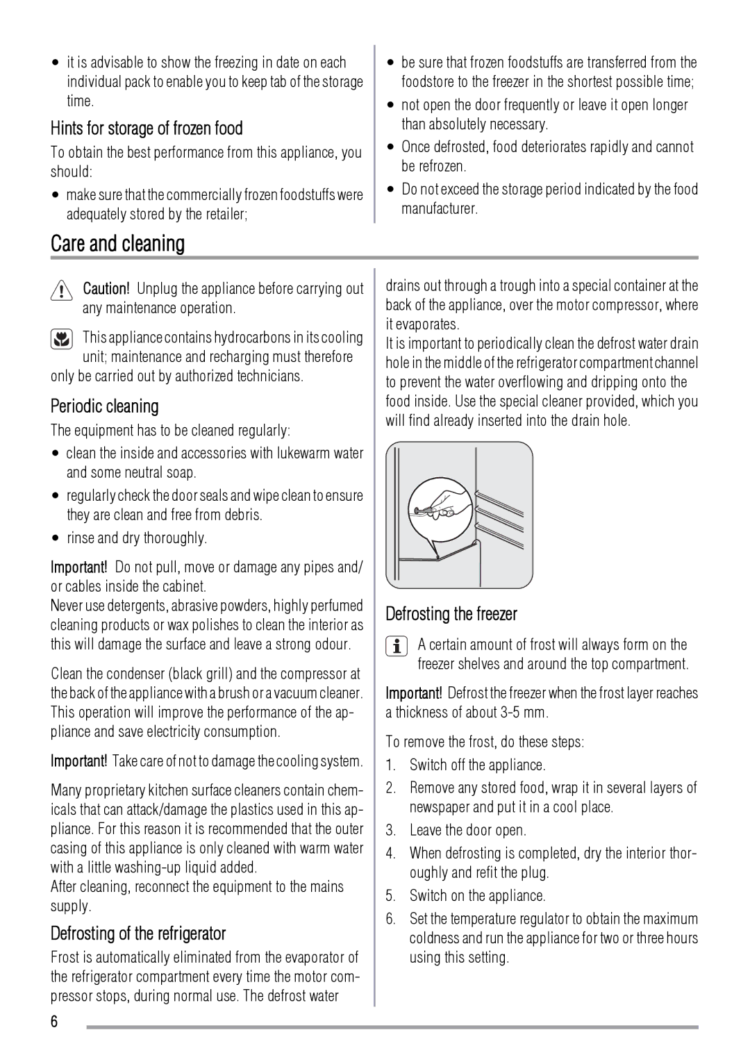 Zanussi ZBA3224A Care and cleaning, Hints for storage of frozen food, Periodic cleaning, Defrosting of the refrigerator 