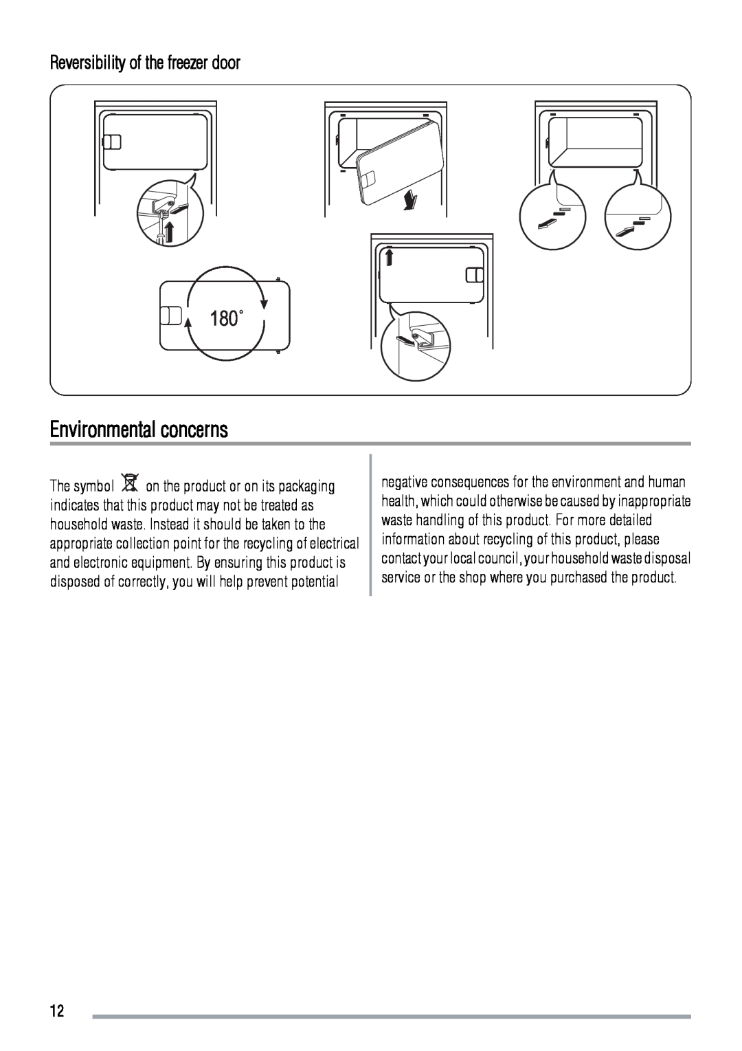 Zanussi ZBA3224A user manual 180˚, Environmental concerns, Reversibility of the freezer door 