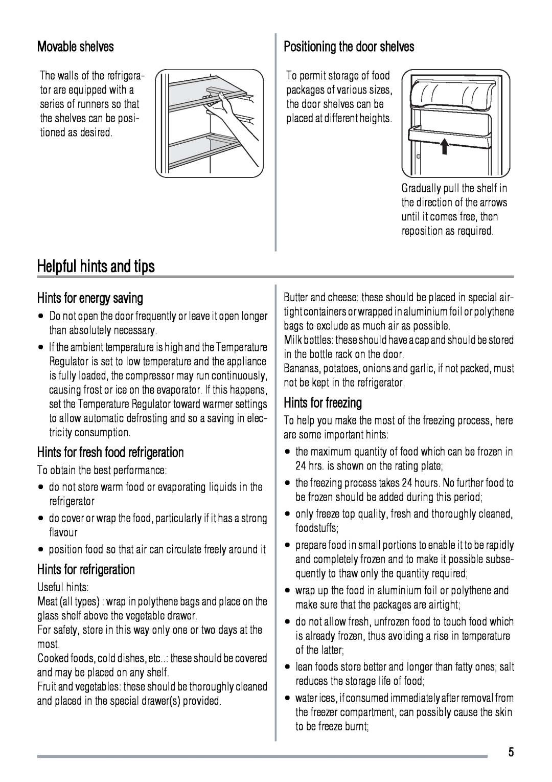 Zanussi ZBA3224A user manual Helpful hints and tips, Movable shelves, Positioning the door shelves, Hints for energy saving 