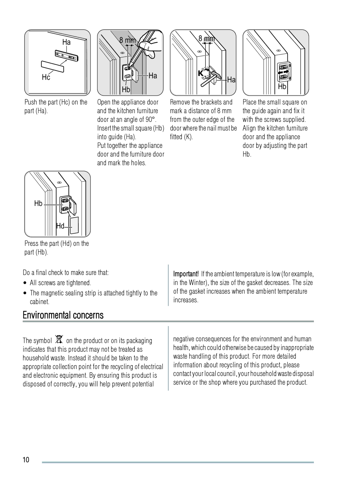 Zanussi ZBA7190A user manual Environmental concerns, Push the part Hc on the part Ha 