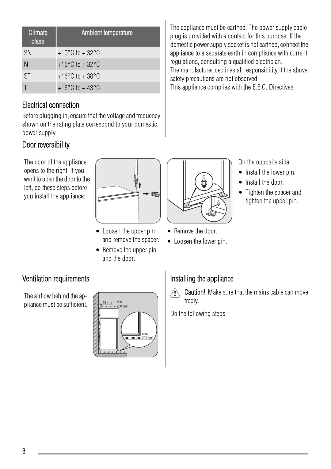 Zanussi ZBA7190A user manual Electrical connection, Door reversibility, Installing the appliance 